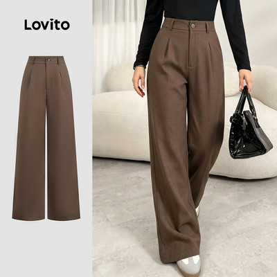 (New Arrival) Lovito Quần ống rộng thanh lịch Khóa kéo Nút Xuân/Hè màu nâu cho nữ LBL36084
