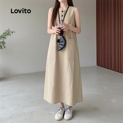Lovito Phong cách thường ngày Áo Đầm Nữ Dáng Suông Mùa Xuân Hè Màu Kaki Nhạt Phối Nút L159AD070