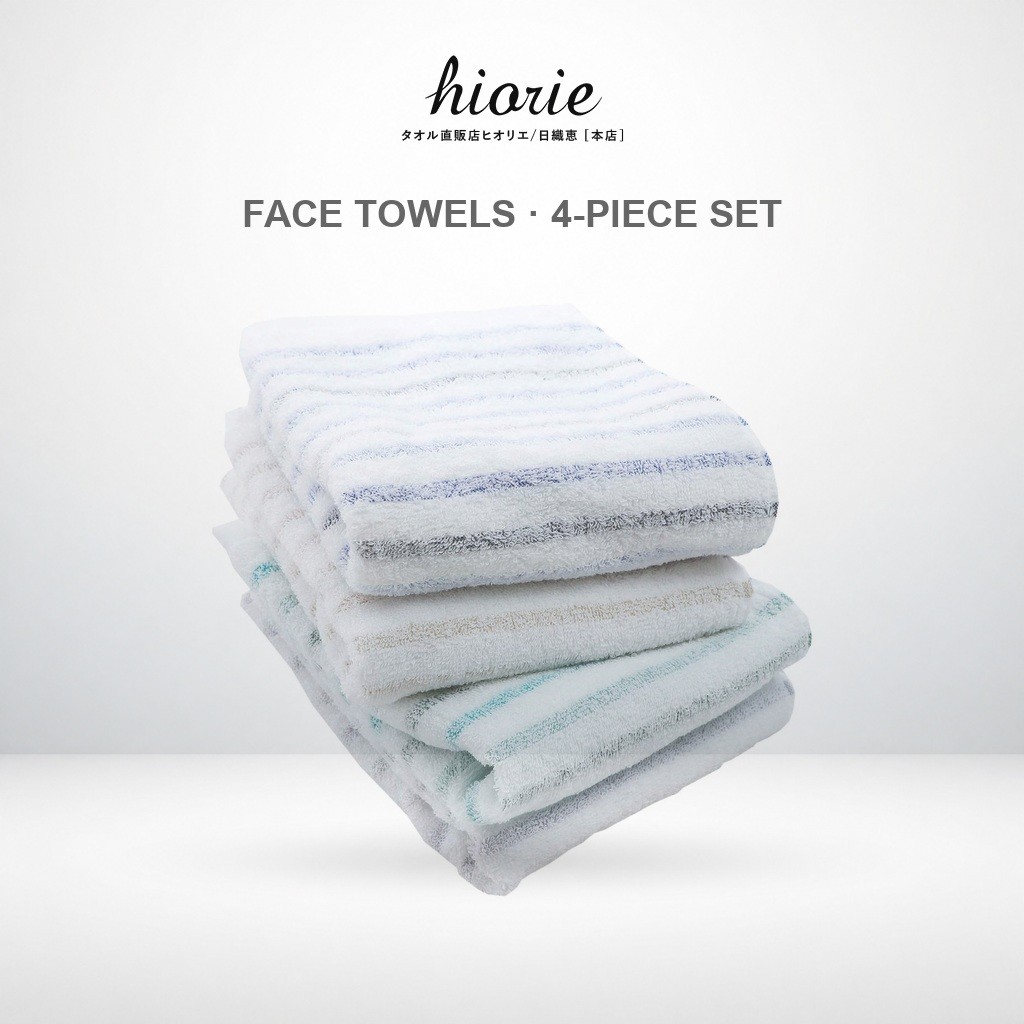 Hiorie Imabari Made Face Towel Set - 4 Assorted Colors with Leftover Yarn Stripes - Made in Japan
