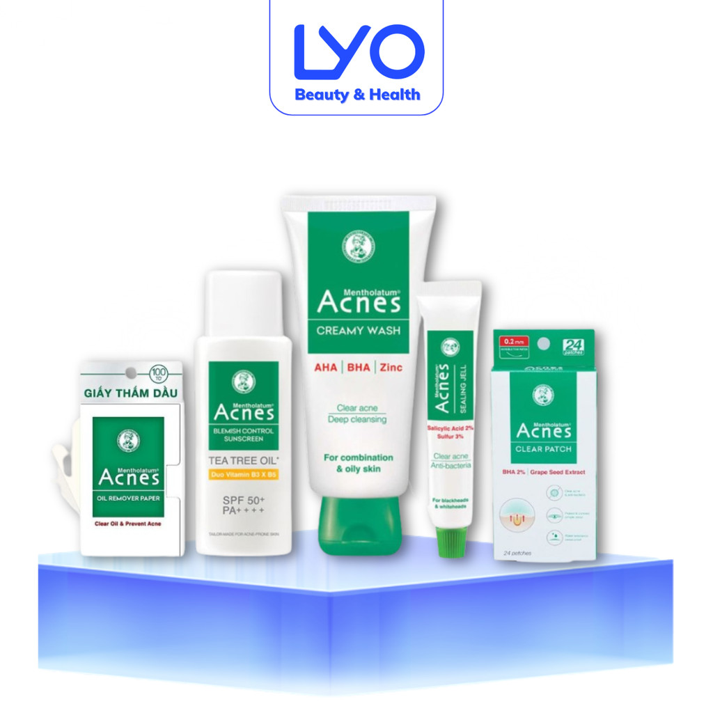 Acnes Gel chấm mụn, Sữa rửa mặt, Giấy thấm dầu, Kem chống nắng Dịu Da LYO