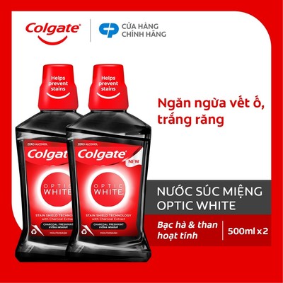 Bộ 2 Nước súc miệng Colgate trắng răng Optic White than hoạt tính 500ml