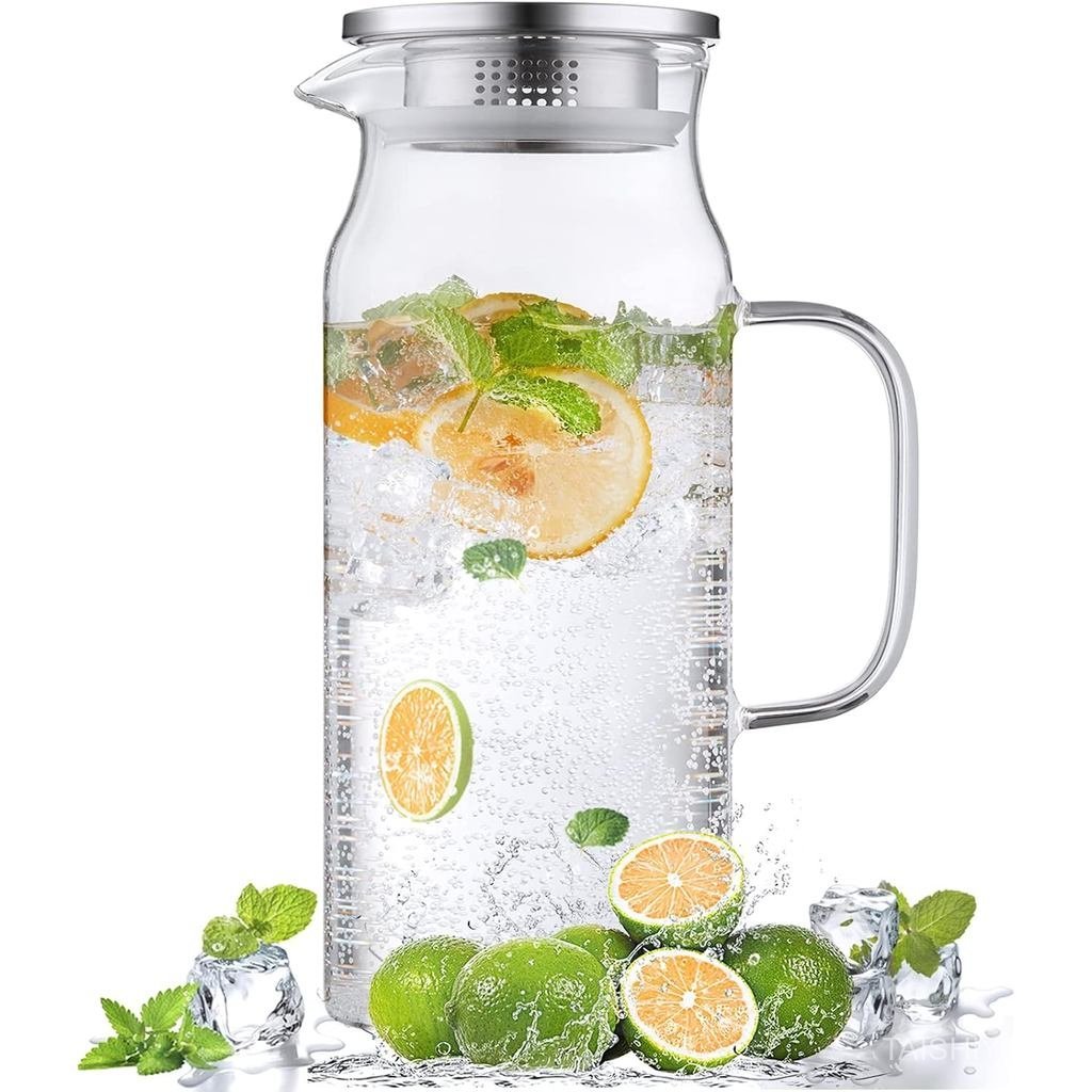Bivvclaz 2 Liter 68 oz Glass Pitcher with Lid and Handle, Glass Carafe for Hot/Cold Water, Large Ice