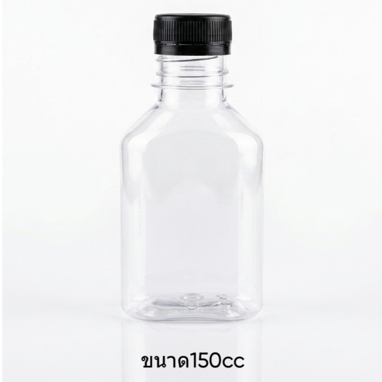 Chai nhựa PET phẳng 150cc có nắp xoắn ốc màu đen. Đóng gói trong 150 miếng