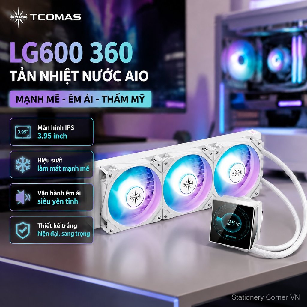 Tản nhiệt nước CPU TCOMAS LG600 360 màu trắng, màn hình IPS 3.95 inch, hiệu năng cao, tản nhiệt tốt
