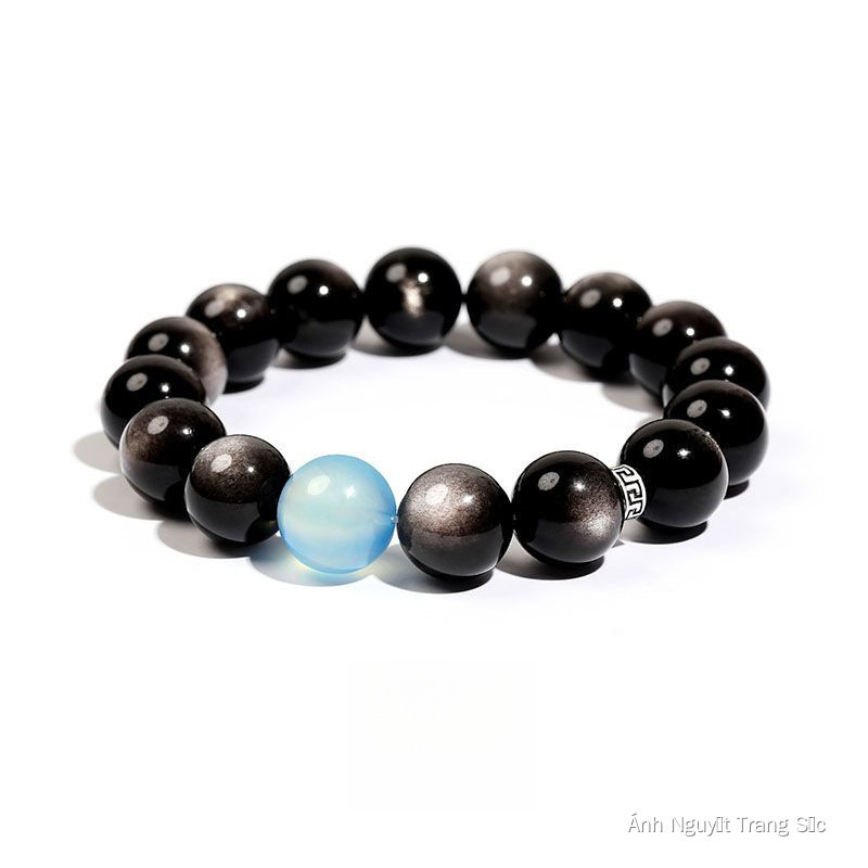 Vòng tay đá obsidian bạc tự nhiên, đá aquamarine dành cho nam, vòng tay đá obsidian bạc ngũ hành thủ