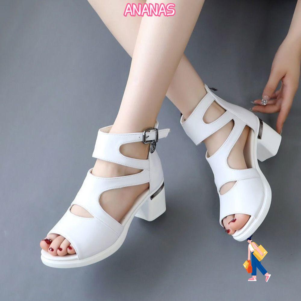 Giày đế nêm ANANAS, Giày mũi tròn hở mũi Chunky, Đế dày PU Sandal nữ