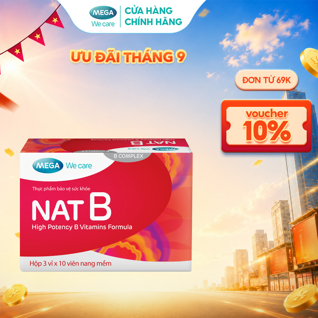 Viên uống bổ sung Vitamin B Mega We Care Nat B giúp giảm căng thẳng, mệt mỏi (Hộp 30 viên) – TPBVSK