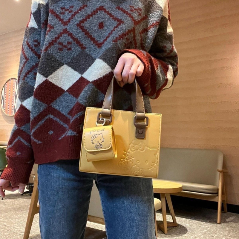 [Túi xách Kitty Cat Yellow] Túi đeo vai & Tote dễ thương | Túi đeo chéo da PU | Quà tặng Kawaii cho 