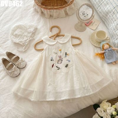Váy Bé Gái Sát Nách Phối Voan Bồng Bềnh Cổ Sen Thêu Thỏ Công Chúa Vintage MINTSCLOSET GV0462