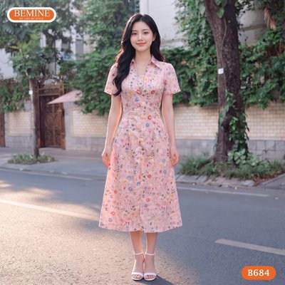 Đầm thiết kế BEMINE cổ sơ mi thêu hoa dáng chữ A phù hợp đi chơi-B684