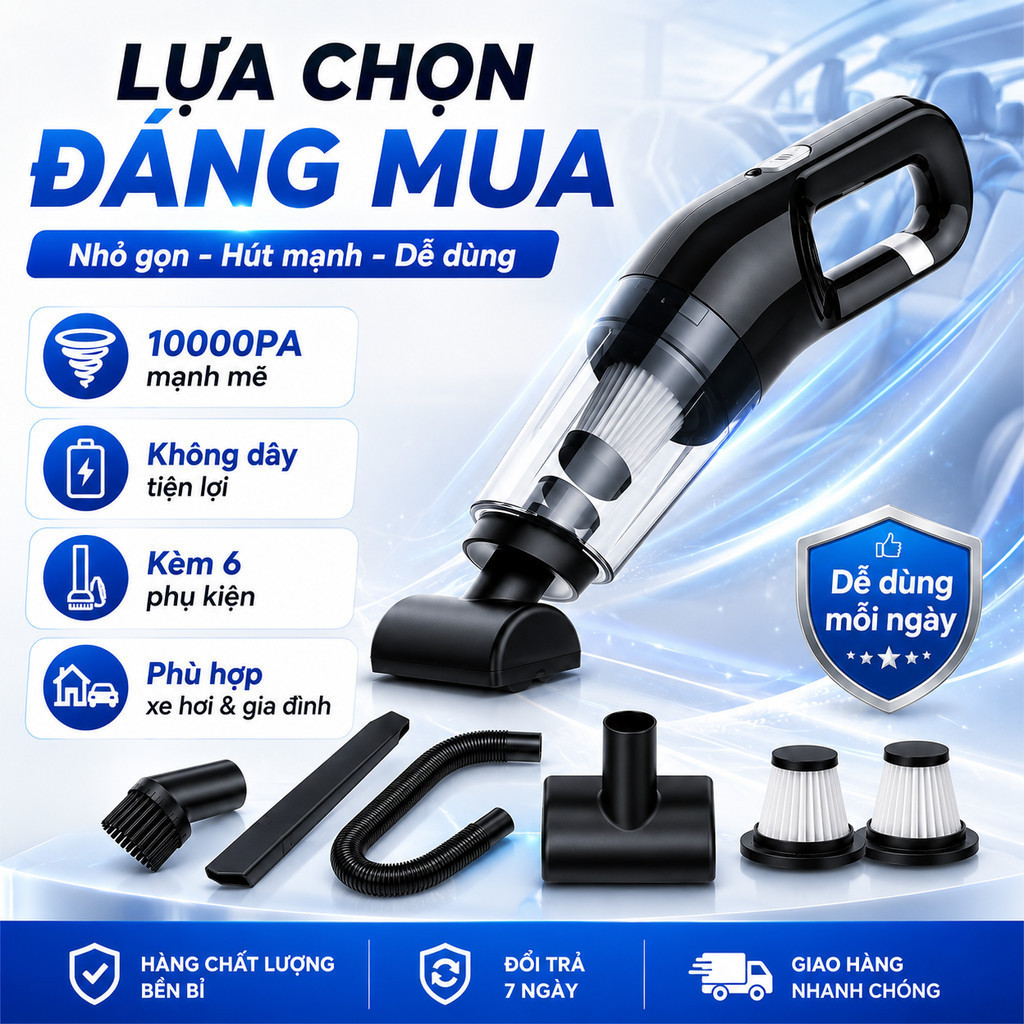 Máy Hút Bụi Cầm Tay Mini Không Dây 10000PA Cho Ô Tô Gia Đình, Máy Hút Bụi Xe Hơi Sạc USB Kèm Nhiều Đ