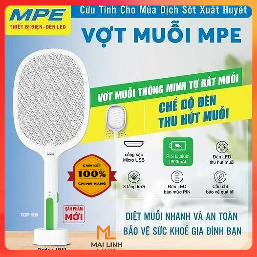 (Hỏa Tốc Chính Hãng MPE) Vợt muỗi thông minh MPE -Có đèn LED tự bắt muỗi VM1 -Hàng chính hãng có VAT