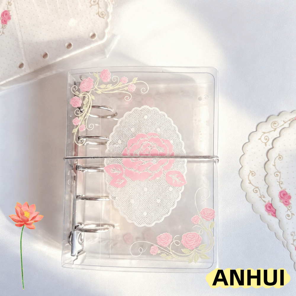 ANHUI Binder Journal, Romantic Vine Rose Print 5 lỗ M5 Pocket Notebook, INS PVC với dây thun M5 Pock