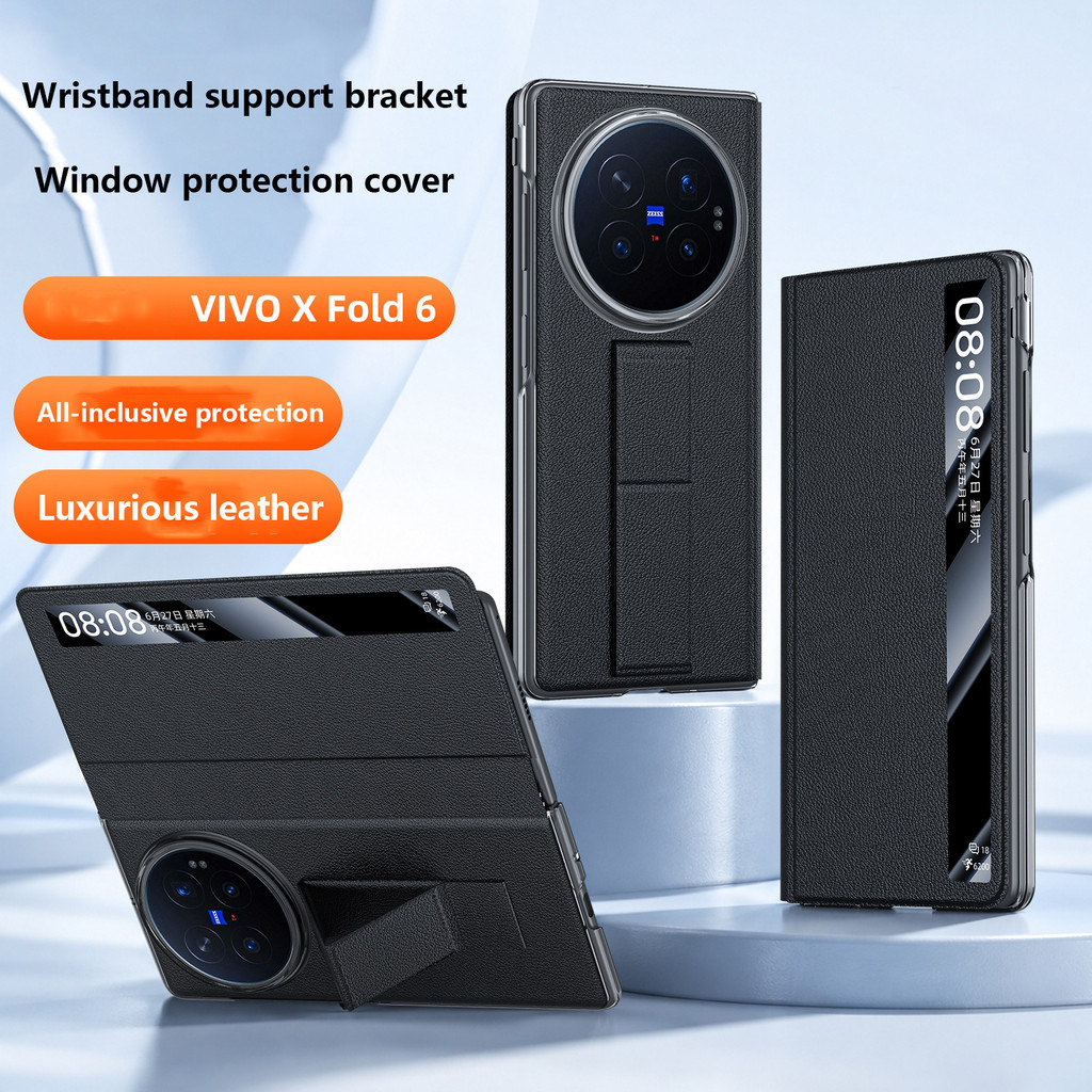 Ốp Lật Da PU Cao Cấp Cho Vivo X Fold6 FOLD6 Fold 6 5G Dây Đeo Tay Giá Đỡ Vỏ Bảo Vệ