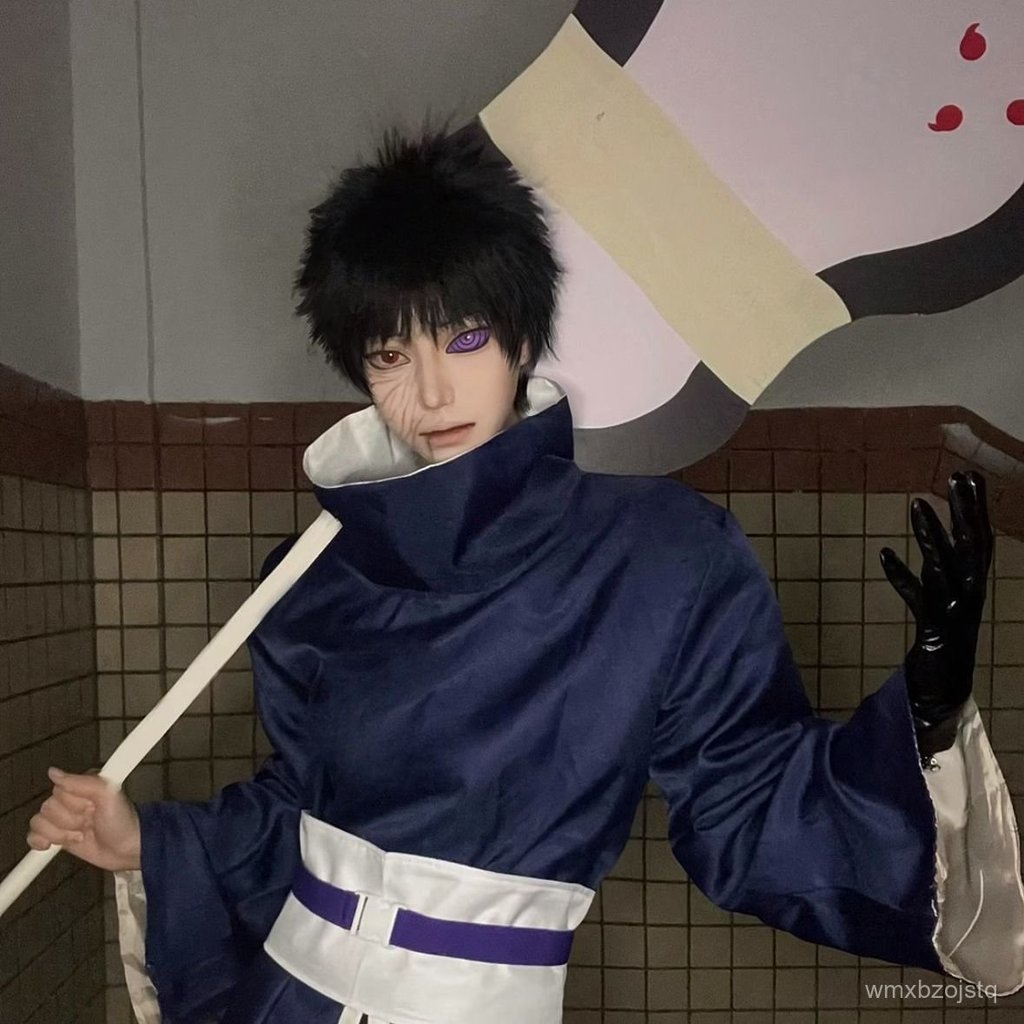 Naruto Obito cos Bộ đồng phục Uchiha cosplay Mặt nạ trắng ba mắt, quạt, vũ khí và bộ quần áo