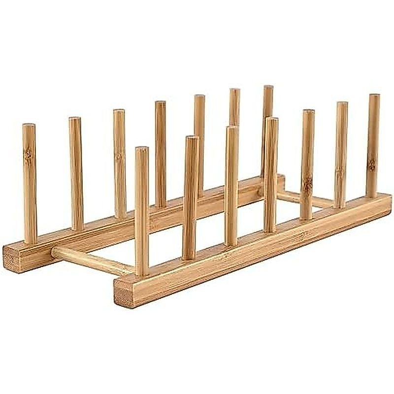 INNERNEED Bamboo Wooden Dish Rack, Vertical Plate & Lid Organizer | for Kitchen Cabinet or Counterto