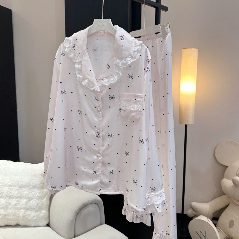 P8JU HJ002 [Bộ bốn mảnh nơ mực hồng] Mùa xuân thu Bộ đồ ngủ lụa băng phong cách mới In hình con bướm