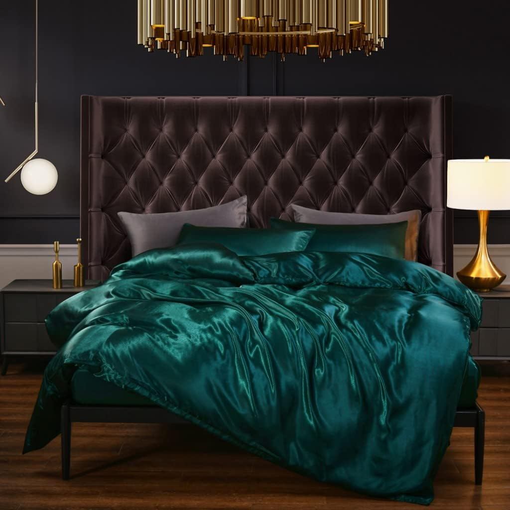 Bộ chăn ga gối bằng lụa như Satin Queen Luxury Emerald Green Silky Duvet Cover Set Soft Comforter Co