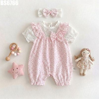 Body Bé Gái Hồng Hoa Nhí Ren Trắng Đính Nơ Lớn Mềm Thoáng Cho Bé Sơ Sinh Chụp Ảnh MINTSCLOSET BS6766
