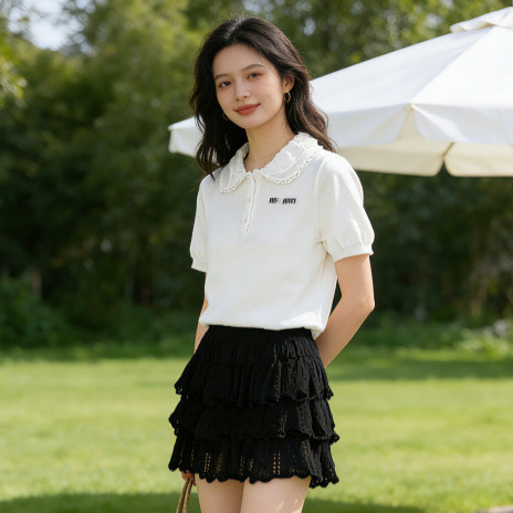 MU 's Ren Ren Cổ Dệt Kim Tay Ngắn Cổ Điển Chữ Cái Pháp Preppy Phong Cách Búp Bê Cổ Màu-Blocking Top