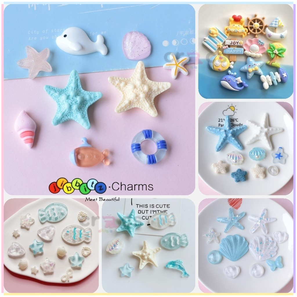 Set charm gắn dép lỗ chủ đề biển hè mix sao biển, cá heo, vỏ sò, cá, bánh lái…
