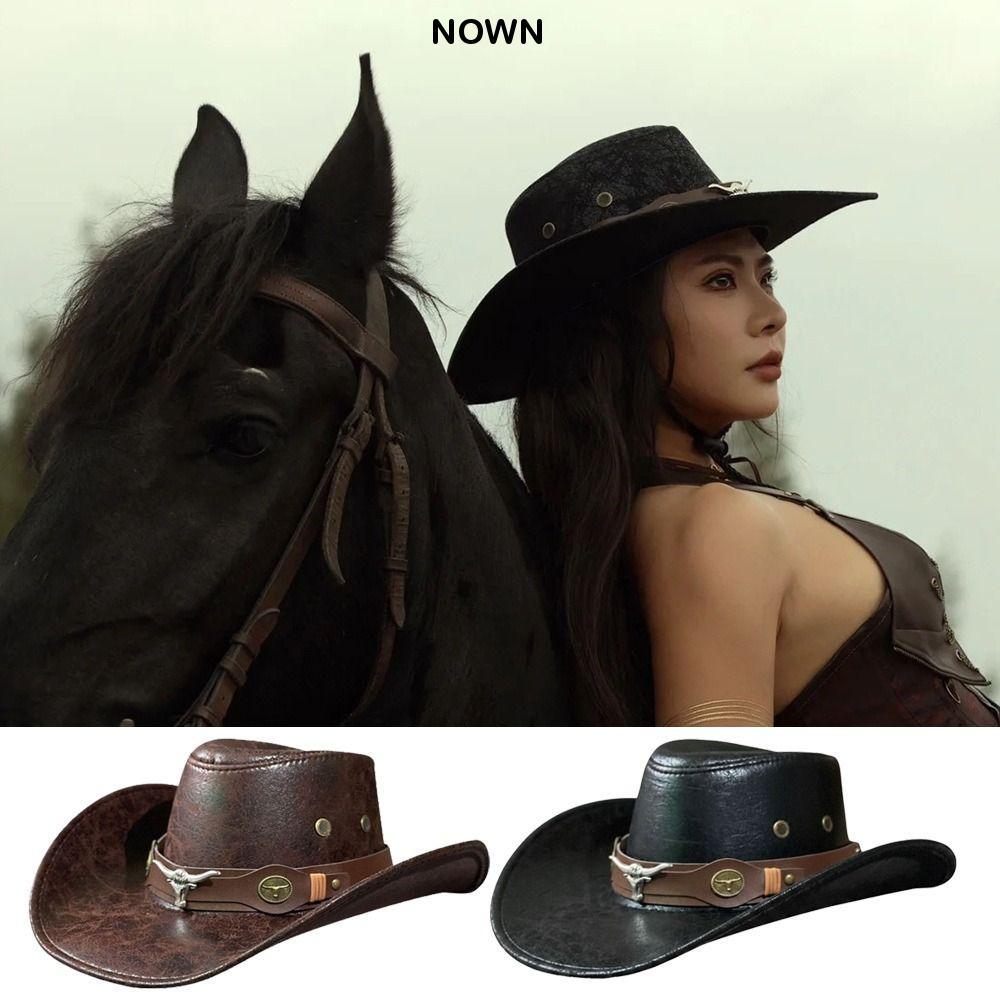 WUXIA Western Cowboy Hat, Bull Head Buckle Vintage Faux Leather Cowboy Hat, Thời Trang Retro Jazz Mũ