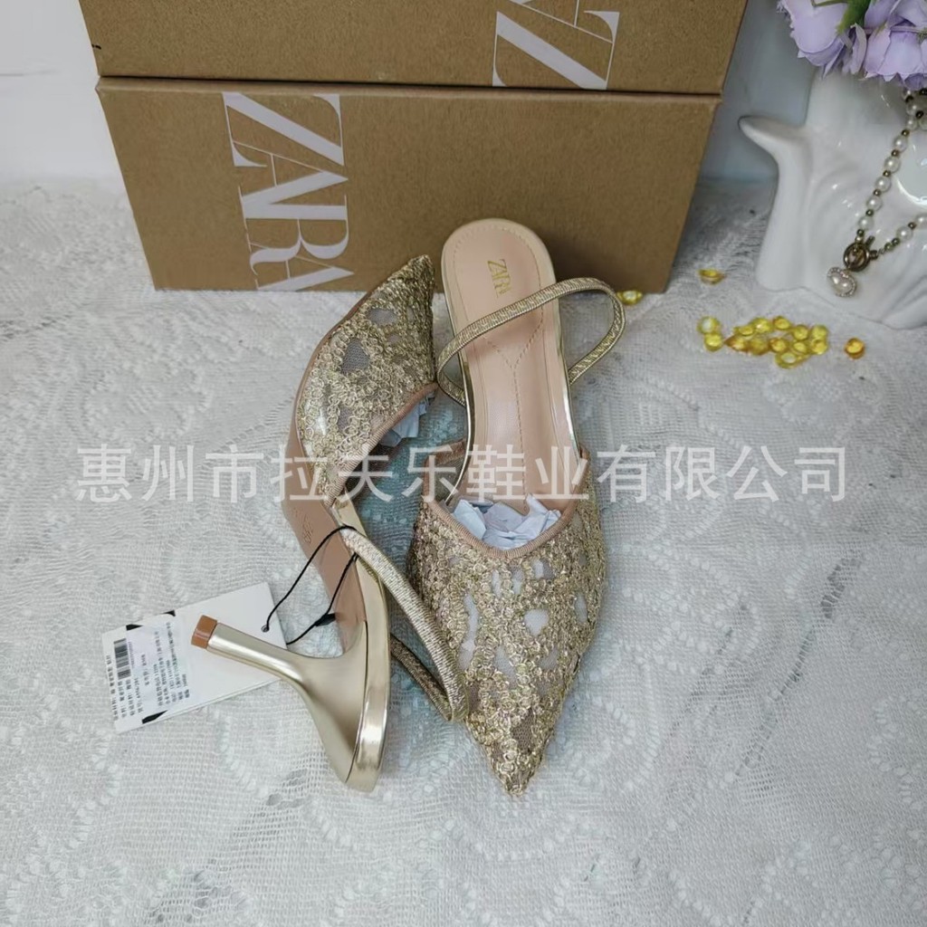 ZARA Spring new product: pointed-toe low-cut elastic strap sandals, high-heeled black embroidered op