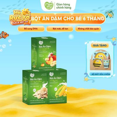 Combo khởi đầu 3 hộp bột ăn dặm Mămmy cho bé 6 tháng: bột gạo sữa yến mạch, bột trái cây, bột sữa bắp non, 140gr/1 hộp