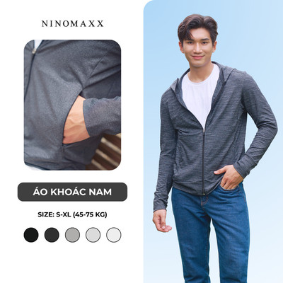 Áo Khoác Nam Tay Dài Có Nón Túi Khóa Kéo Chất Thun Màu Muối Tiêu Co Giãn NINOMAXX 2506014