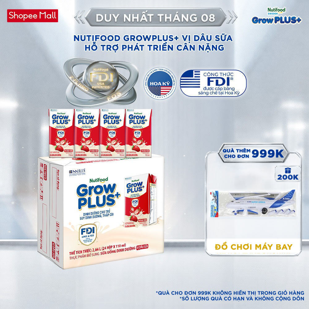 Thùng 24 hộp Sữa bột pha sẵn Nutifood GrowPLUS+ Vị Dâu hộp 110ml - Trên 1 tuổi (24 hộp x 110ml)