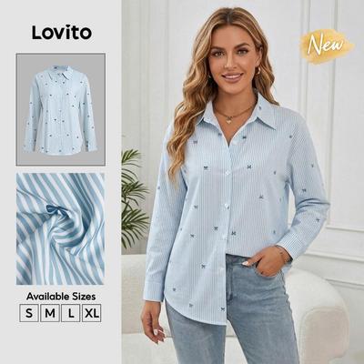 (New Arrival) Lovito Áo sơ mi nữ tay dài dáng rộng phong cách thường ngày cài nút màu xanh dương mùa xuân/hè BLB38BR101