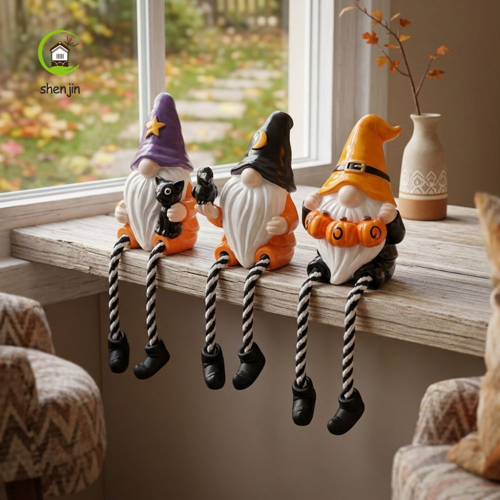shenjin SHENJIN Crow Black Cat Gnome Figurine, Ma quái vẽ tay Halloween Gnome Kệ Sitter, Bí ngô sọc 