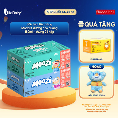 [THÙNG 24 HỘP] Sữa tươi tiệt trùng Moozi ít đường/có đường 180ml - Thơm ngon dễ uống, Bé thích mê