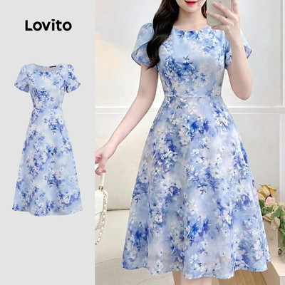 (New Arrival) Lovito Đầm Nữ Mùa Xuân/Hè Ditsy Hoa Xanh Dương Thanh Lịch L195ED173