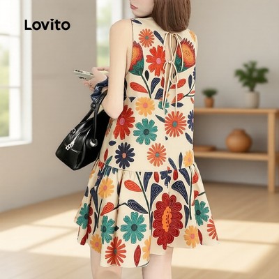 (Kỳ nghỉ) Lovito Váy phong cách dân tộc viền bèo nhún nơ lưng mùa xuân/hè cho nữ L178ED600