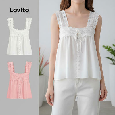 Lovito Kỳ nghỉ Áo Ba Lỗ Nữ Ren Trơn Top Mùa Hè Xuân L100MD371