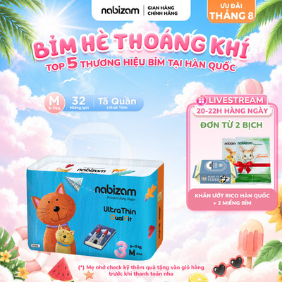 Tã/Bỉm Quần Nabizam UltraThin Nội Địa Hàn Cao Cấp Mỏng Vượt Trội, Thấm Hút Và Chống Tràn Hiệu Quả Size M/6-11kg/32 miếng