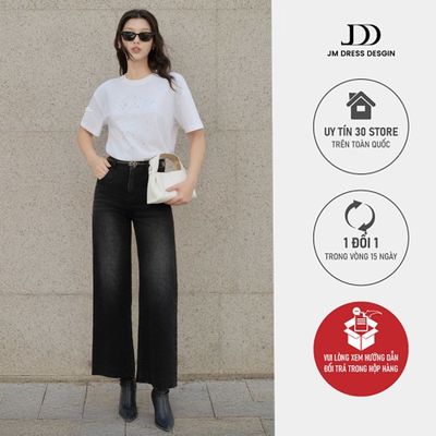 Quần ống loe gấu in 3J01.2506DN. Quần Jean nữ cạp cao tôn dáng wash nhẹ màu đen thiết kế bởi JM Dress Design