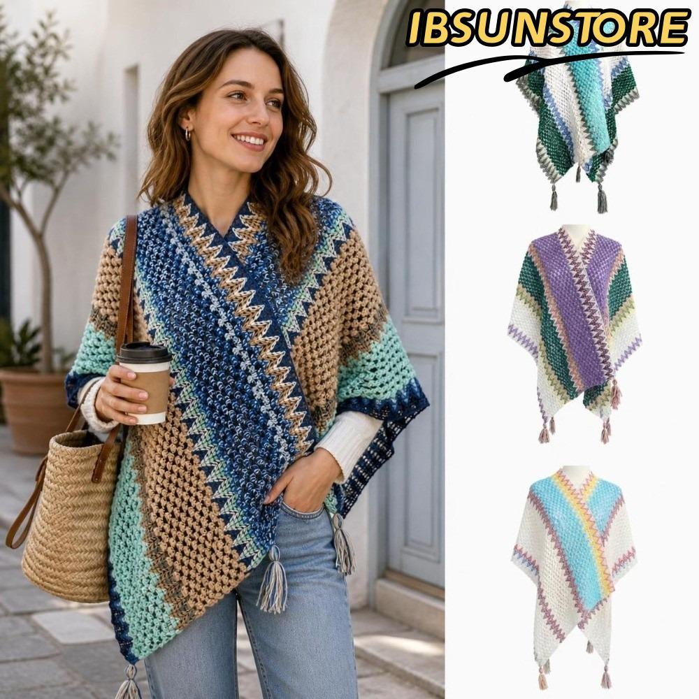 IBSUNSTORE Bohemian Đan Poncho, Áo Chui Đầu Sọc Màu Áo Quấn Mũi Dệt Kim, Vintage Boho Dân Tộc Tua Ru