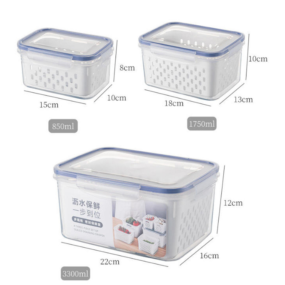 3Pack Fridge Food Storage Container Set With Strainer Vegetable Fruit Storage Box