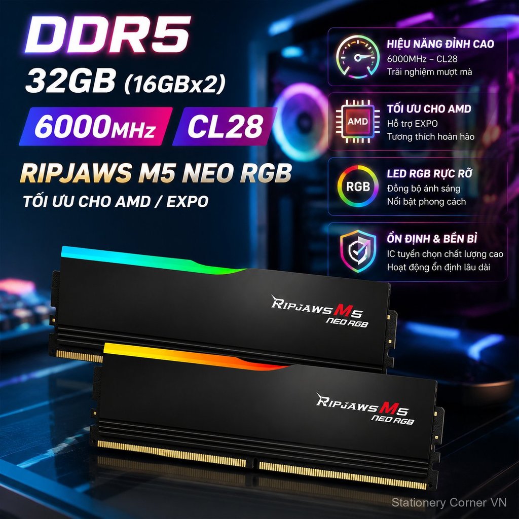RAM DDR5 32GB (16GBx2) 6000MHz C28 RGB cho AMD/EXPO, tản nhiệt tốt, hiệu năng cao, bán chạy