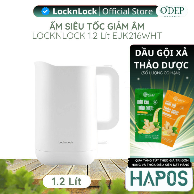 Ấm đun siêu tốc 1.2L giảm âm LocknLock Silent Electric Kettle - Màu trắng EJK216WHT - HAPOS LHL