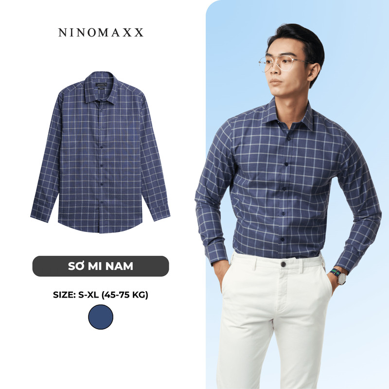 [LIVE] Áo Sơ Mi Nam Dài Tay NINOMAXX Xanh Caro Chất Melange Cotton Chống Nhăn Tôn Dáng 2110030