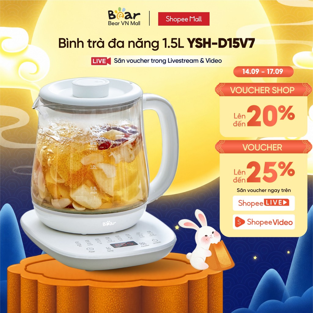 Bình Đun Nước Đa Năng 1.5L Bear YSH-D15V7 - Hàng Chính Hãng