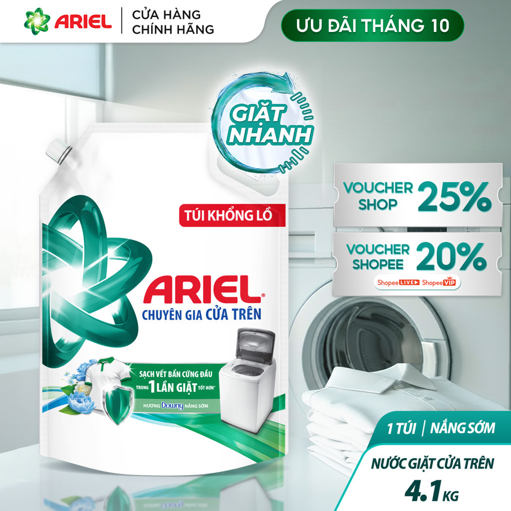 Nước Giặt cửa trên ARIEL sạch Bẩn Hương Nắng Sớm 4.1KG / Nước giặt 10X giặt sạch túi 4.05KG