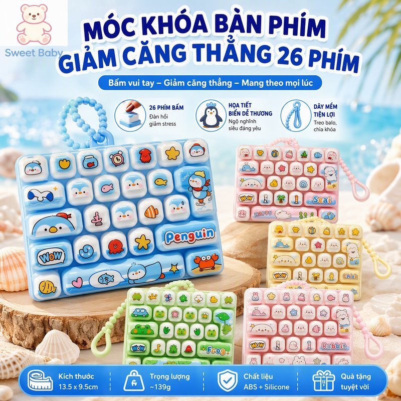 Bàn Phím Fidget 26 Phím Bóp Bong Bóng - Móc Khóa Giảm Căng Thẳng Silicone Hình Thú Dễ Thương Cho Bé & Gen Z