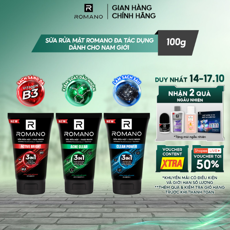 [MỚI] Sữa rửa mặt Romano đa tác dụng dành cho nam giới 100g: Cấp ẩm, Loại bỏ nhờn, Sáng da/Ngừa mụn/Làm sạch sâu
