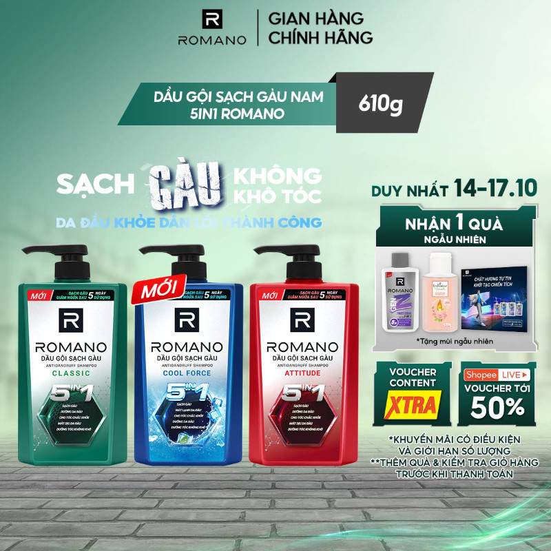 Dầu gội nam sạch gàu 5in1 Romano hương nước hoa Classic/ Force/ Attitude 610g / 650g - 3 mùi hương có sẵn