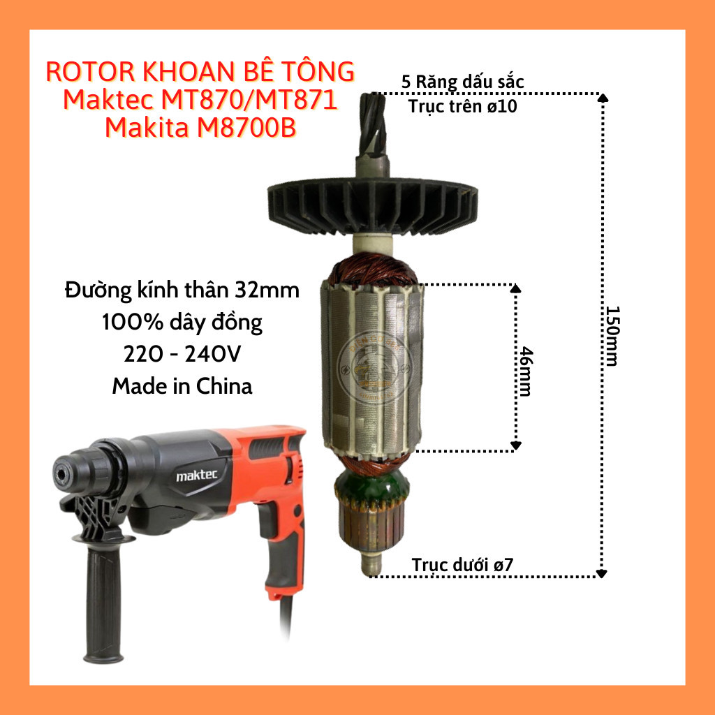 Rotor khoan MAKITA MT870, MT871, M8700B, M8701B 220V - Tặng chổi than
