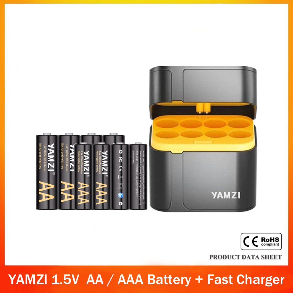 YAMZI 1.5V Lithium Battery AA 3700mWh / AAA 1300mWh Rechargeable Battery + Fast Charger Set